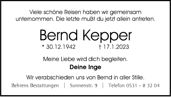 Traueranzeige von Bernd Kepper von Braunschweiger Zeitung