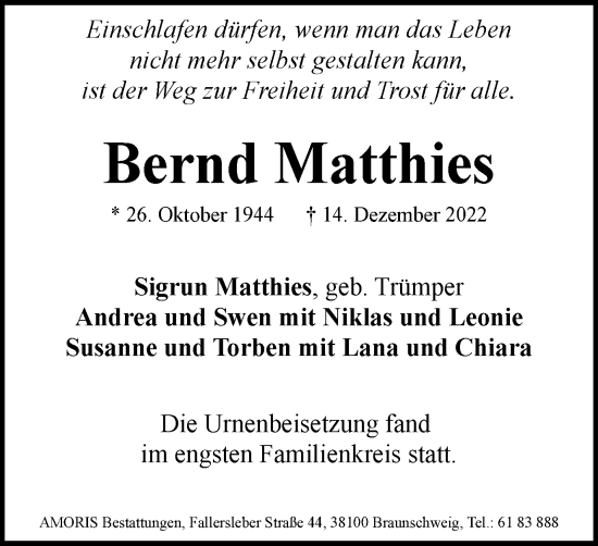 Traueranzeige von Bernd Matthies von Braunschweiger Zeitung