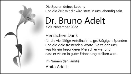 Traueranzeige von Bruno Adelt von Wolfsburger Nachrichten