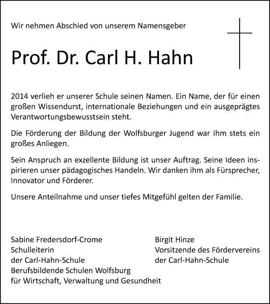 Traueranzeige von Carl H. Hahn von Wolfsburger Nachrichten