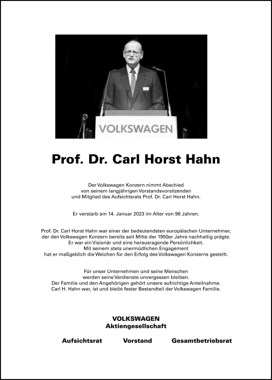 Traueranzeige von Carl H. Hahn von Braunschweiger Zeitung