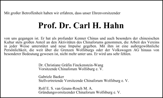 Traueranzeige von Carl H. Hahn von Wolfsburger Nachrichten