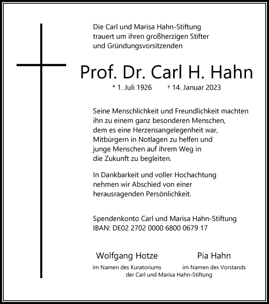 Traueranzeige von Carl H. Hahn von Wolfsburger Nachrichten