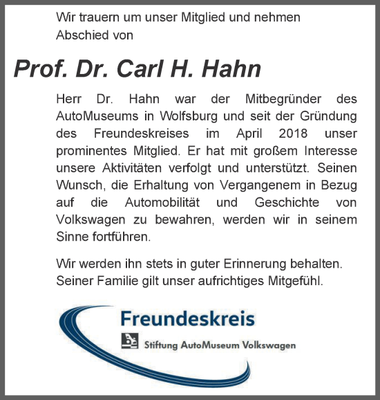 Traueranzeige von Carl H. Hahn von Wolfsburger Nachrichten