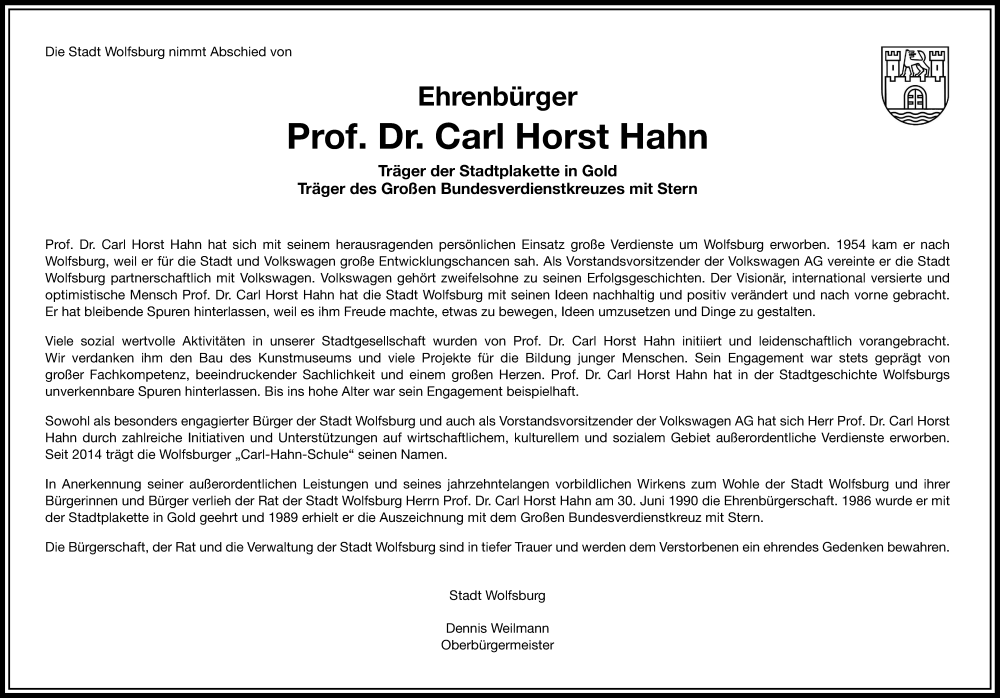  Traueranzeige für Carl H. Hahn vom 18.01.2023 aus Wolfsburger Nachrichten