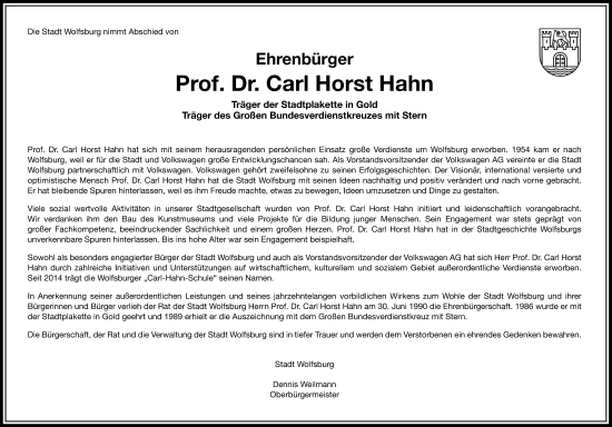 Traueranzeige von Carl H. Hahn von Wolfsburger Nachrichten