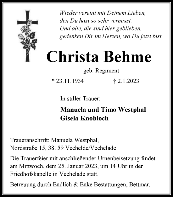 Traueranzeige von Christa Behme von Peiner Nachrichten