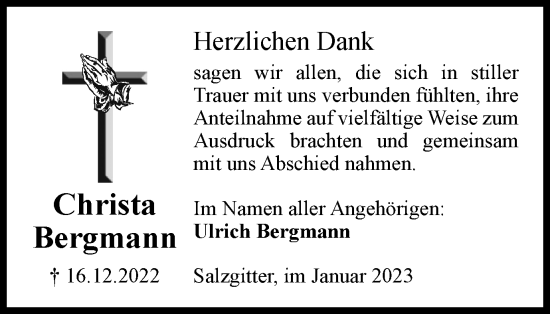 Traueranzeige von Christa Bergmann von Salzgitter-Zeitung