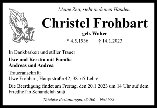 Traueranzeige von Christel Frohbart von Wolfenbütteler Zeitung