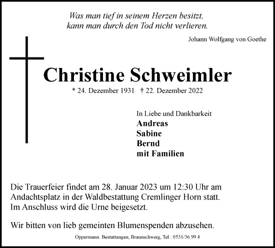 Traueranzeige von Christine Schweimler von Braunschweiger Zeitung