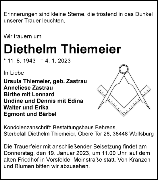 Traueranzeige von Diethelm Thiemeier von Wolfsburger Nachrichten