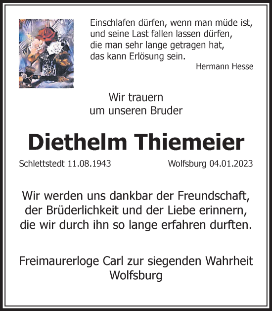 Traueranzeige von Diethelm Thiemeier von Wolfsburger Nachrichten