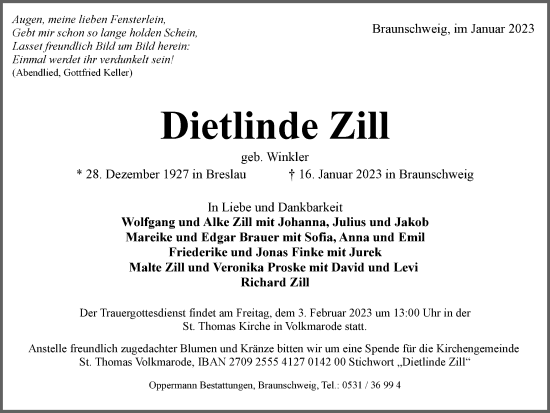 Traueranzeige von Dietlinde Zill von Braunschweiger Zeitung