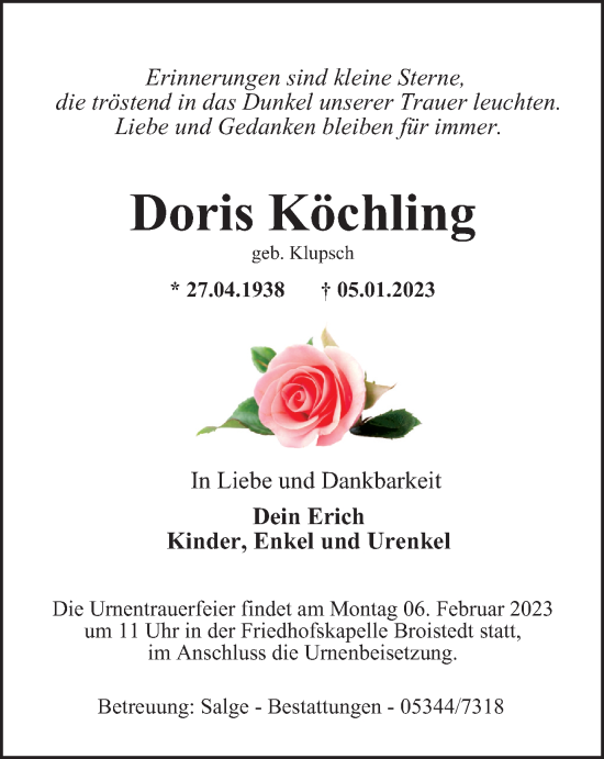 Traueranzeige von Doris Köchling von Peiner Nachrichten