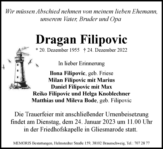 Traueranzeige von Dragan Filipovic von Braunschweiger Zeitung