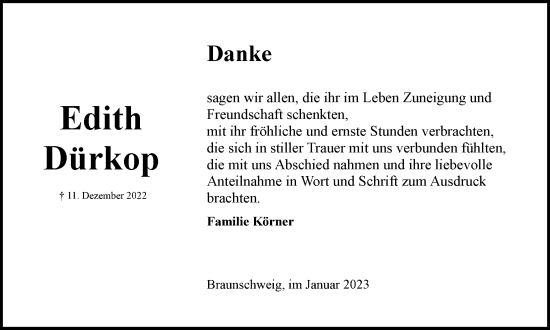 Traueranzeige von Edith Dürkop von Braunschweiger Zeitung