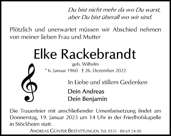 Traueranzeige von Elke Rackebrandt von Braunschweiger Zeitung