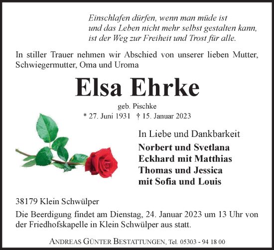 Traueranzeige von Elsa Ehrke von Braunschweiger Zeitung