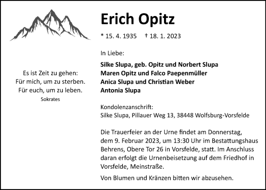 Traueranzeige von Erich Opitz von Wolfsburger Nachrichten