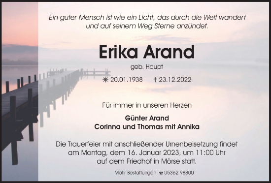 Traueranzeige von Erika Arand von Wolfsburger Nachrichten