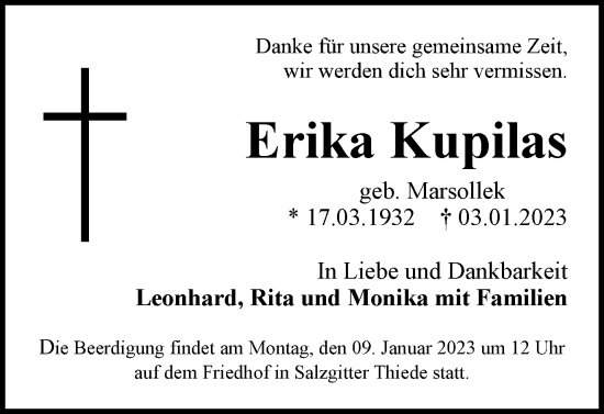 Traueranzeige von Erika Kupilas von Salzgitter-Zeitung