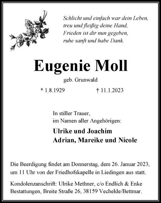 Traueranzeige von Eugenie Moll von Peiner Nachrichten