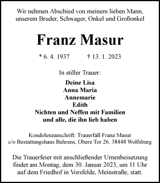 Traueranzeige von Franz Masur von Wolfsburger Nachrichten, Helmstedter Nachrichten