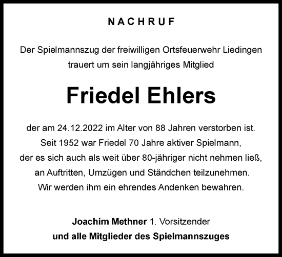 Traueranzeige von Friedel Ehlers von Peiner Nachrichten