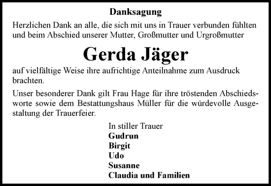 Traueranzeige von Gerda Jäger von Braunschweiger Zeitung