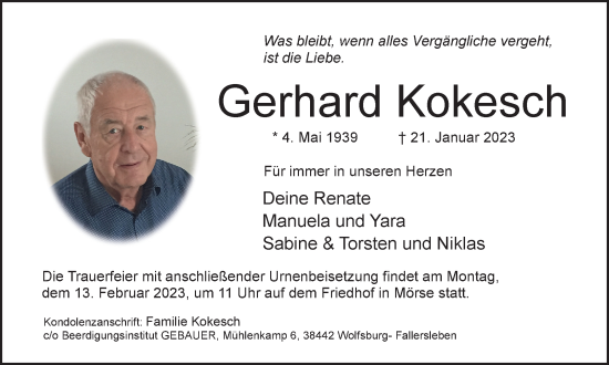 Traueranzeige von Gerhard Kokesch von Wolfsburger Nachrichten