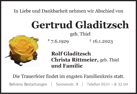 Traueranzeige von Gertrud Gladitzsch von Braunschweiger Zeitung