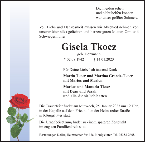 Traueranzeige von Gisela Tkocz von Helmstedter Nachrichten, Wolfenbütteler Zeitung