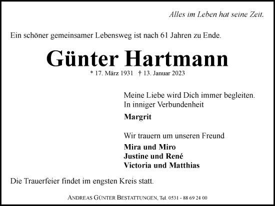 Traueranzeige von Günter Hartmann von Braunschweiger Zeitung