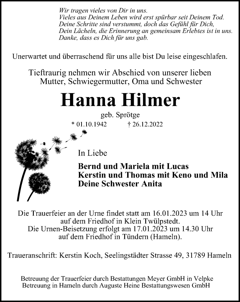  Traueranzeige für Hanna Hilmer vom 07.01.2023 aus Wolfsburger Nachrichten