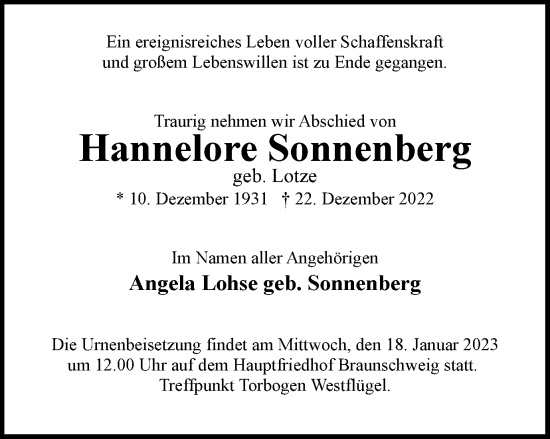 Traueranzeige von Hannelore Sonnenberg von Braunschweiger Zeitung