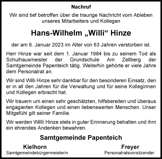 Traueranzeige von Hans-Wilhelm Hinze von Wolfsburger Nachrichten