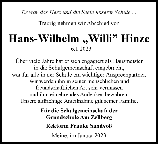 Traueranzeige von Hans-Wilhelm Hinze von Wolfsburger Nachrichten