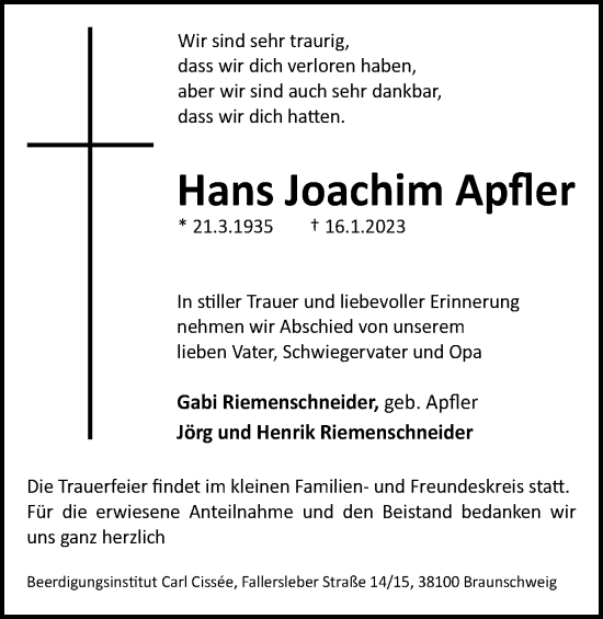 Traueranzeige von Hans Joachim Apfler von Braunschweiger Zeitung