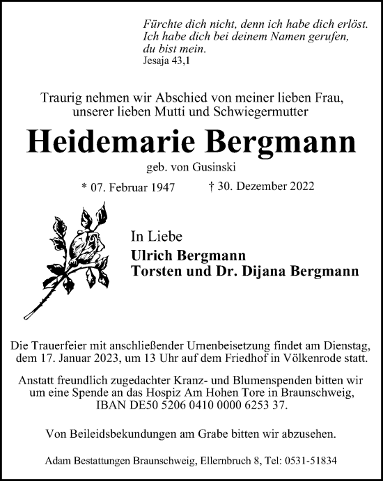 Traueranzeige von Heidemarie Bergmann von Braunschweiger Zeitung