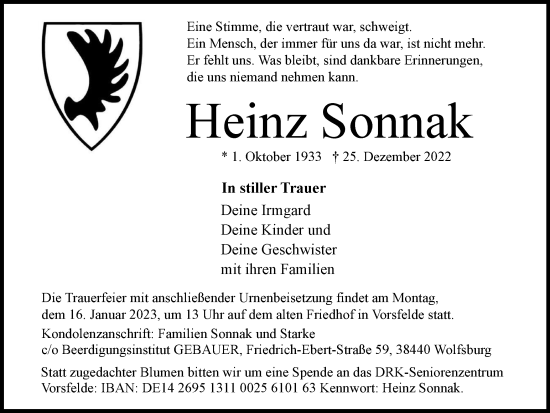 Traueranzeige von Heinz Sonnak von Wolfsburger Nachrichten