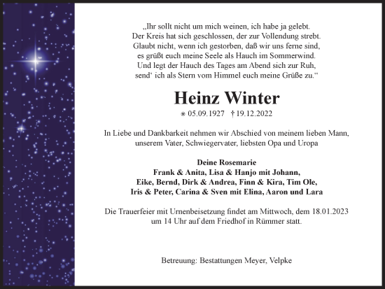 Traueranzeige von Heinz Winter von Helmstedter Nachrichten