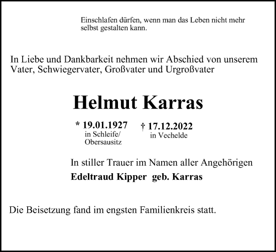 Traueranzeige von Helmut Karras von Peiner Nachrichten