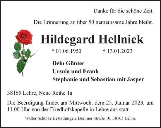 Traueranzeige von Hildegard Hellnick von Helmstedter Nachrichten