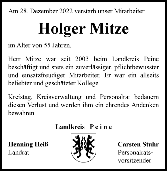 Traueranzeige von Holger Mitze von Peiner Nachrichten