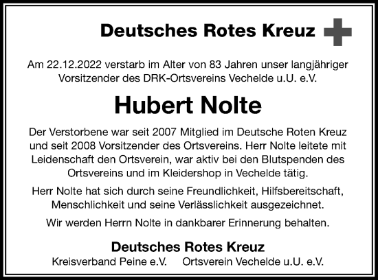 Traueranzeige von Hubert Nolte von Peiner Nachrichten