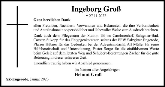 Traueranzeige von Ingeborg Groß von Salzgitter-Zeitung