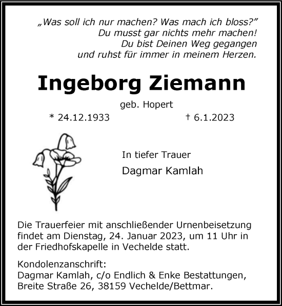 Traueranzeige von Ingeborg Ziemann von Braunschweiger Zeitung