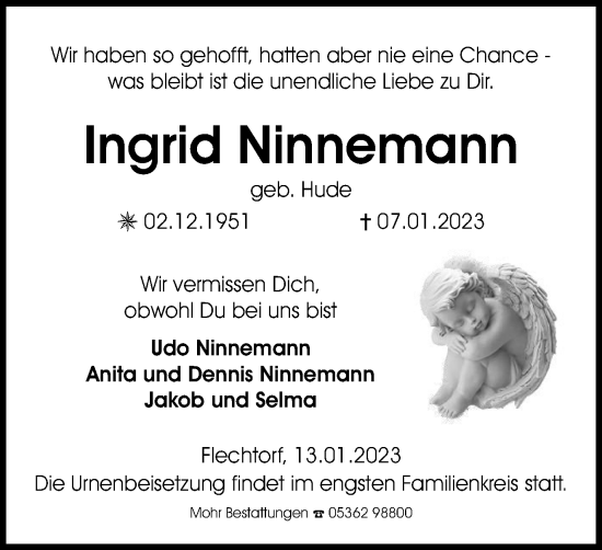 Traueranzeige von Ingrid Ninnemann von Wolfsburger Nachrichten