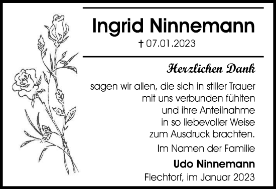 Traueranzeige von Ingrid Ninnemann von Wolfsburger Nachrichten