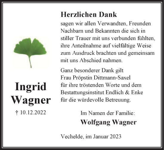 Traueranzeige von Ingrid Wagner von Peiner Nachrichten